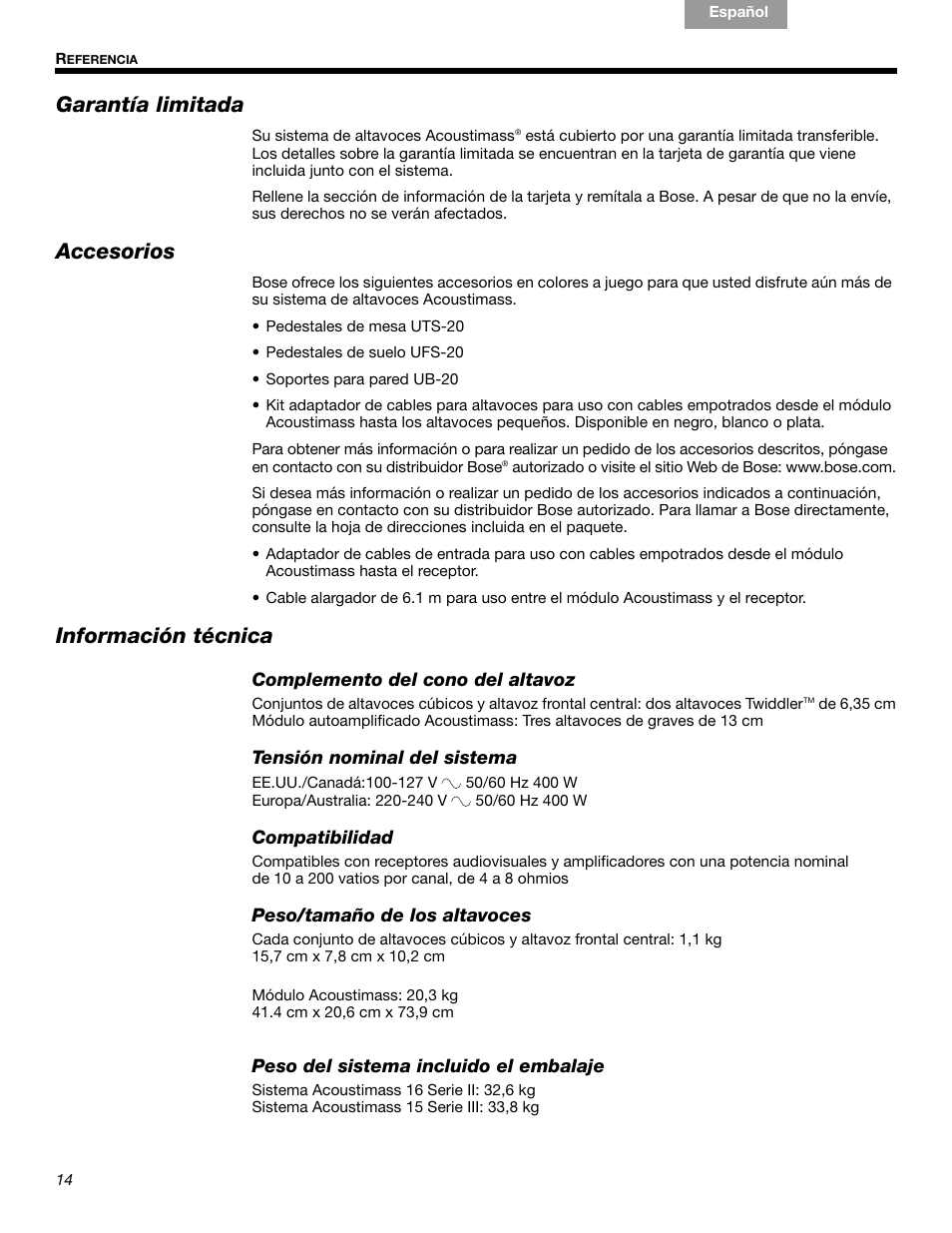 Garantía limitada, Accesorios, Información técnica | Bose 15 Series III User Manual | Page 28 / 44