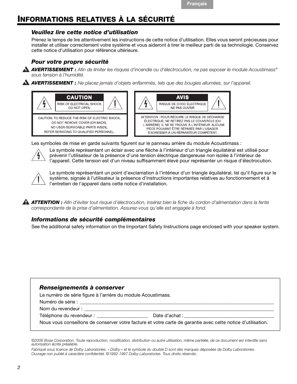 Nformations relatives à la sécurité | Bose 15 Series III User Manual | Page 30 / 44