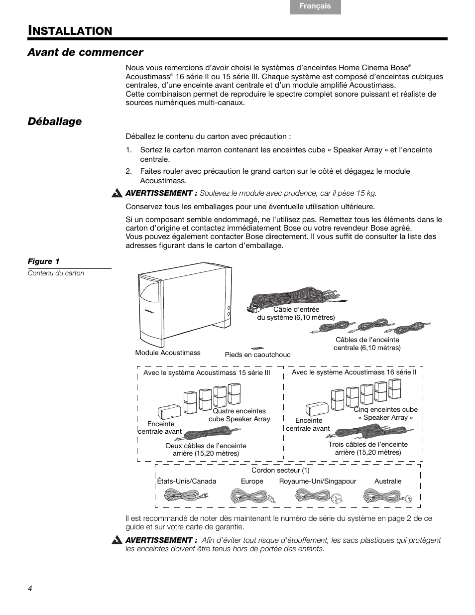 Nstallation, Avant de commencer, Déballage | Bose 15 Series III User Manual | Page 32 / 44