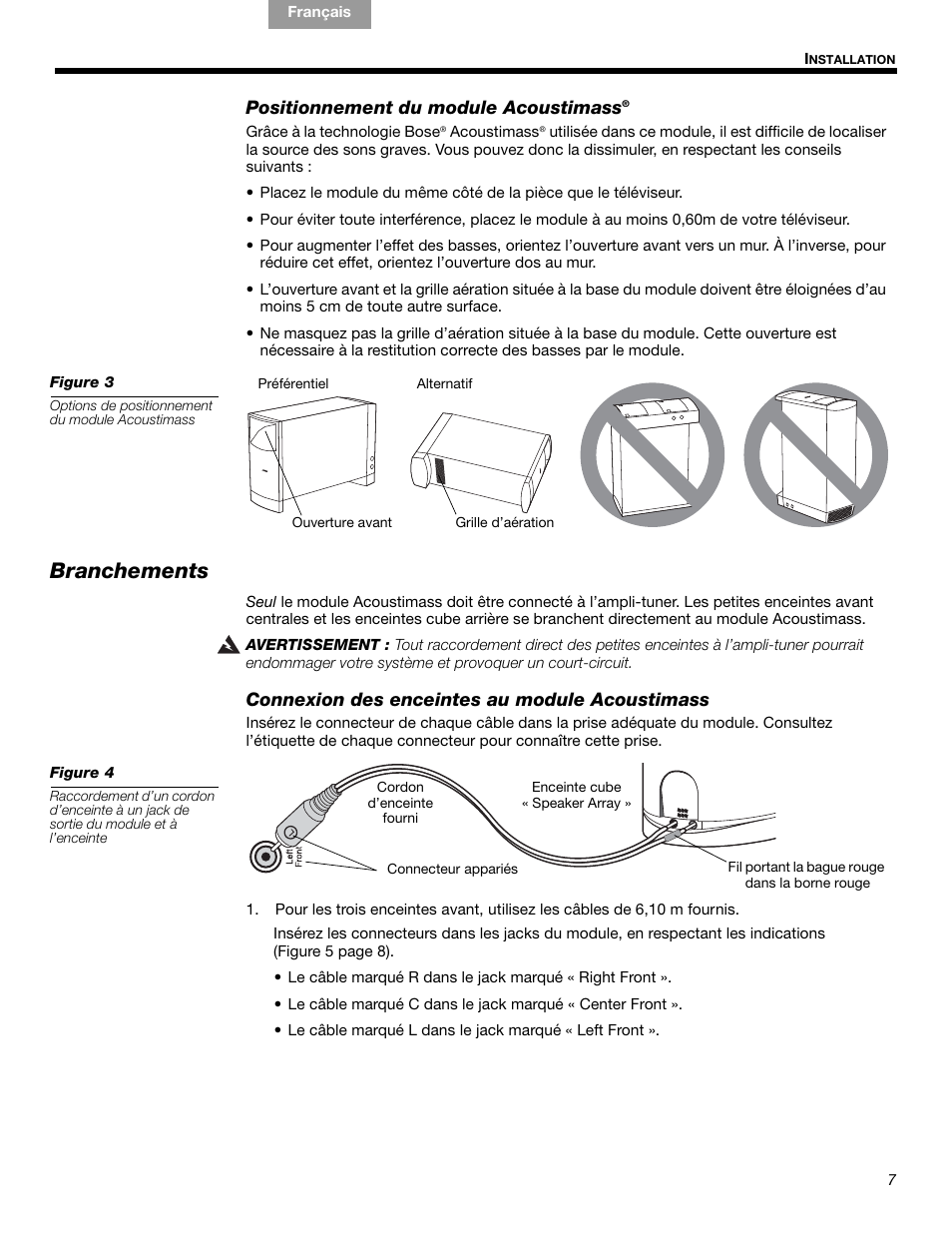 Branchements, Positionnement du module acoustimass, Connexion des enceintes au module acoustimass | Bose 15 Series III User Manual | Page 35 / 44