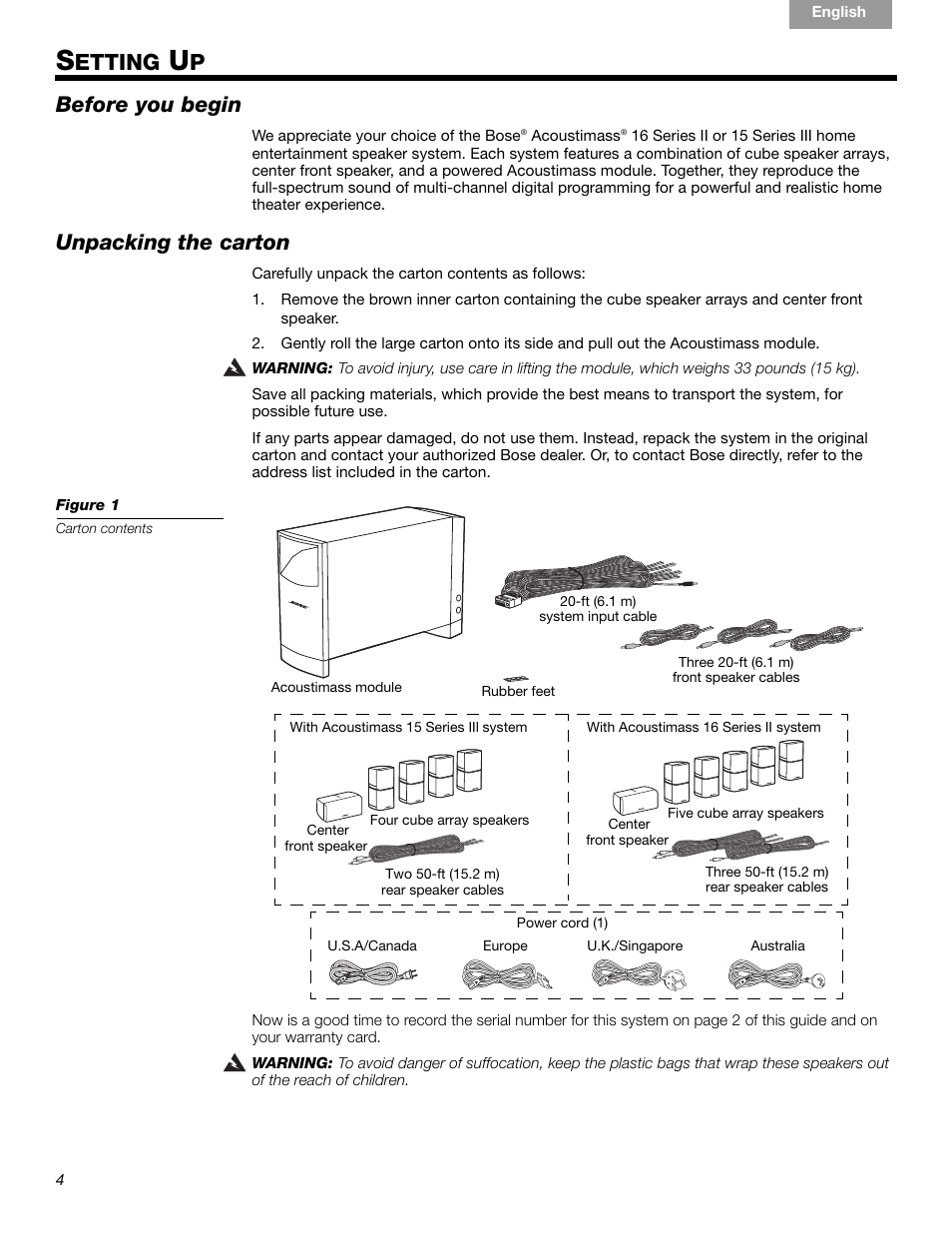 Etting, Before you begin, Unpacking the carton | Bose 15 Series III User Manual | Page 4 / 44