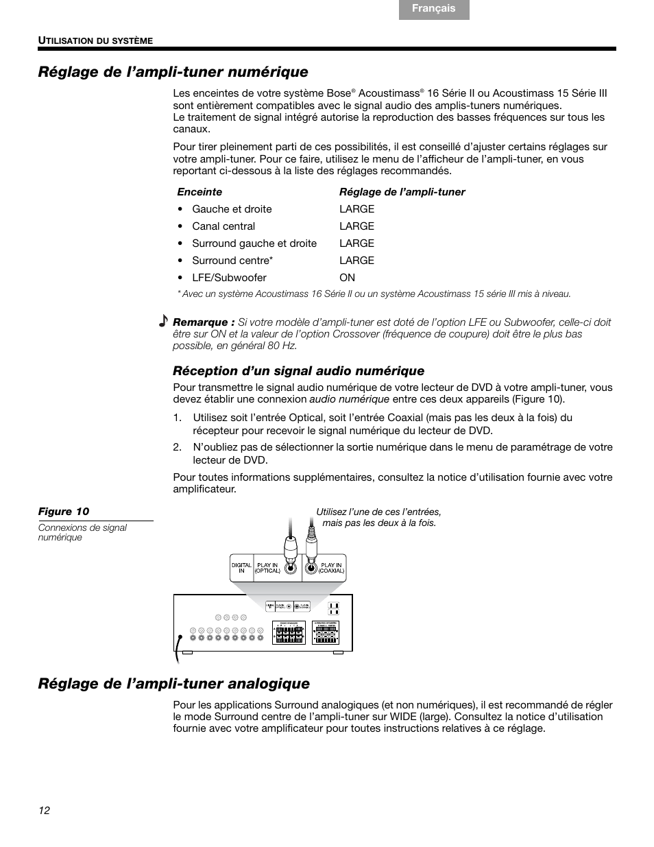 Réglage de l’ampli-tuner numérique, Réglage de l’ampli-tuner analogique | Bose 15 Series III User Manual | Page 40 / 44