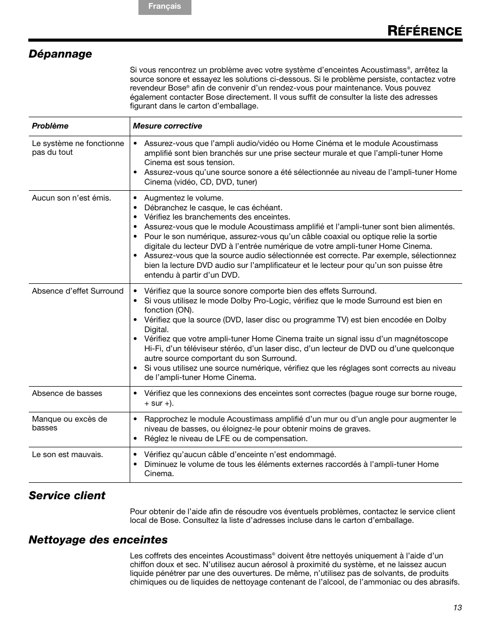 Éférence, Dépannage, Service client | Nettoyage des enceintes | Bose 15 Series III User Manual | Page 41 / 44