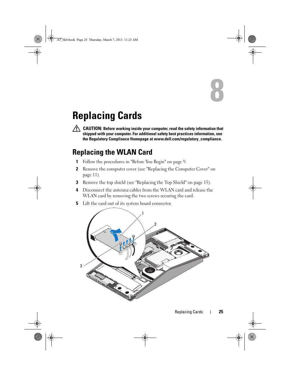 Replacing cards, Replacing the wlan card | Dell XPS One 20 (Mid 2008) User Manual | Page 25 / 50