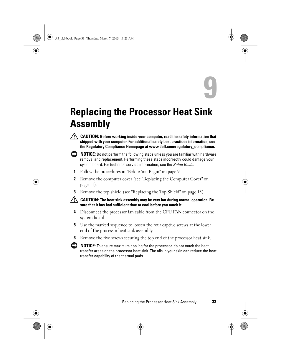 Replacing the processor heat sink assembly, Replacing the processor heat sink, Assembly | Dell XPS One 20 (Mid 2008) User Manual | Page 33 / 50