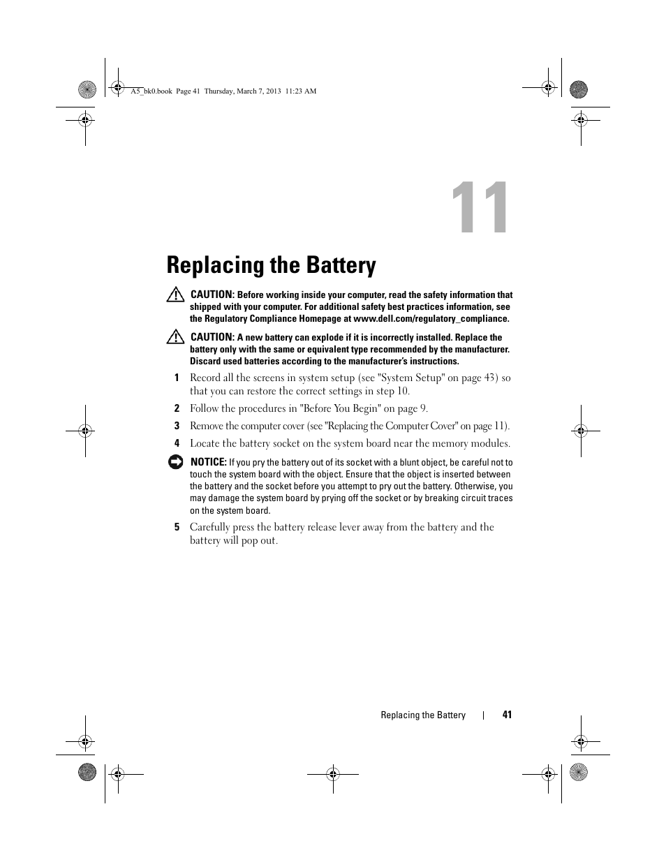 Replacing the battery | Dell XPS One 20 (Mid 2008) User Manual | Page 41 / 50