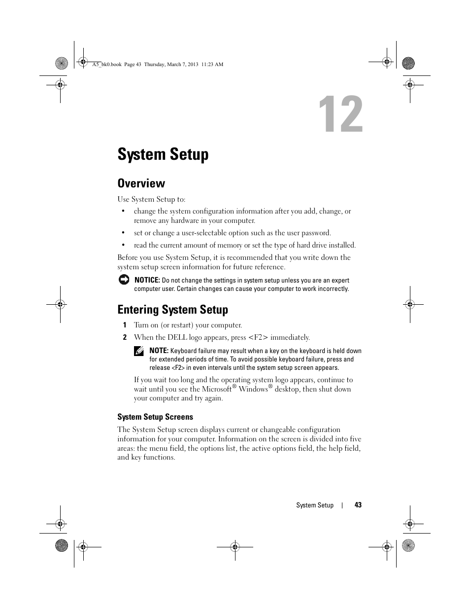 System setup, Overview, Entering system setup | System setup screens | Dell XPS One 20 (Mid 2008) User Manual | Page 43 / 50
