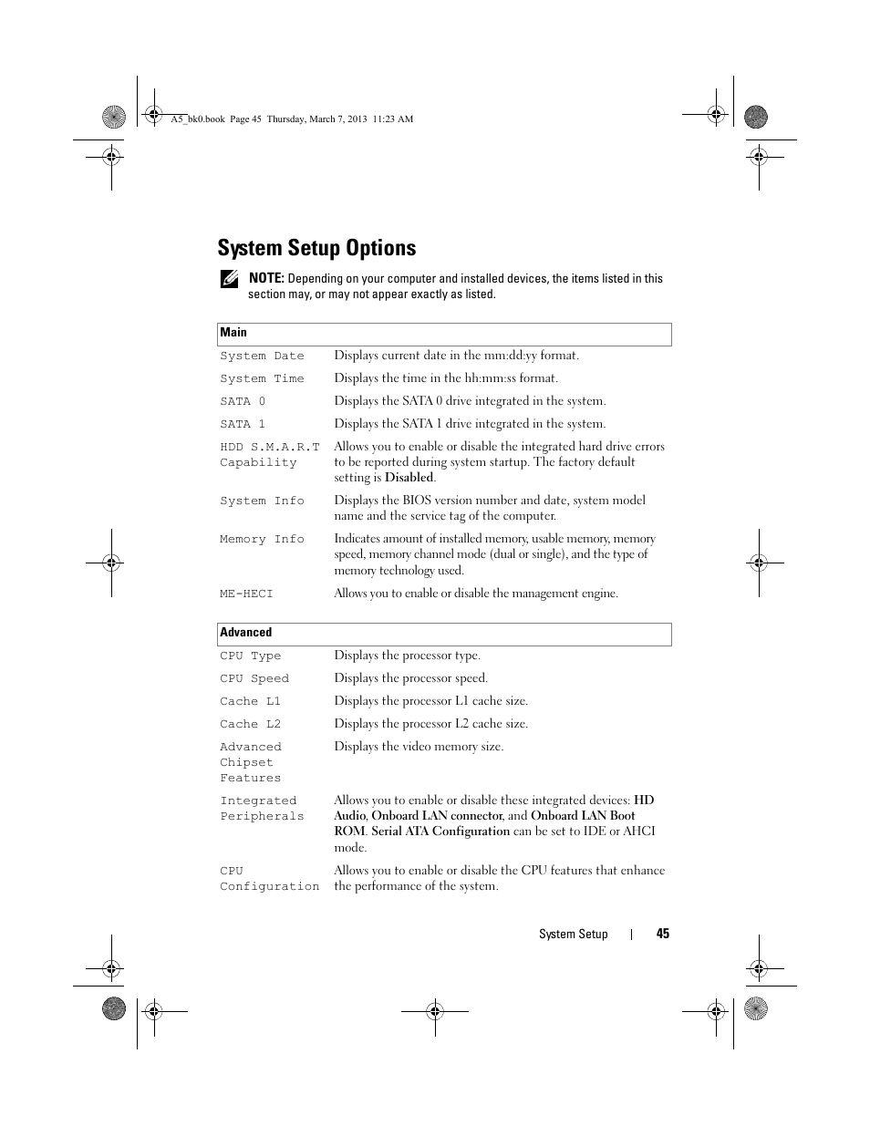 System setup options | Dell XPS One 20 (Mid 2008) User Manual | Page 45 / 50