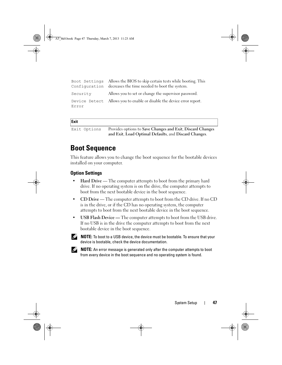 Boot sequence, Option settings | Dell XPS One 20 (Mid 2008) User Manual | Page 47 / 50