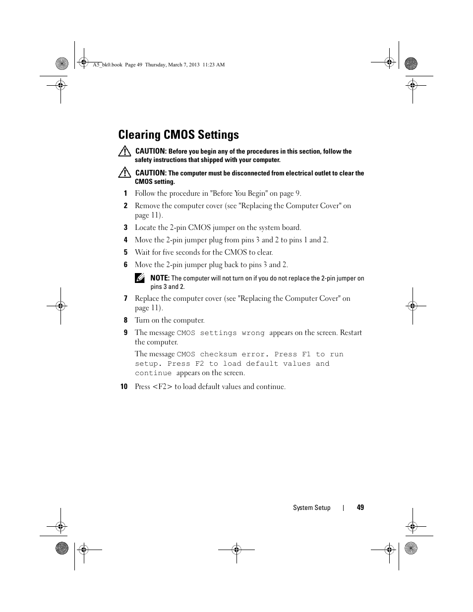 Clearing cmos settings | Dell XPS One 20 (Mid 2008) User Manual | Page 49 / 50