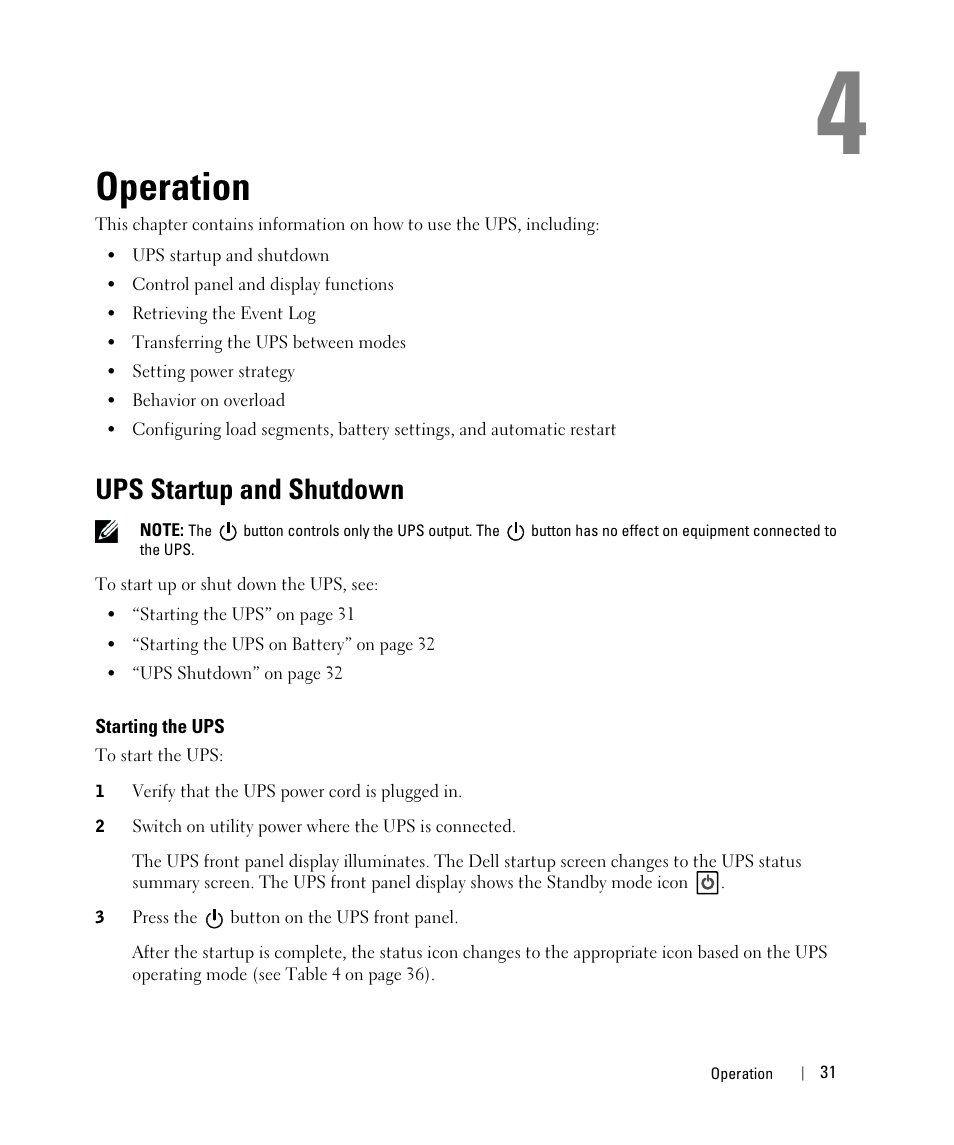 Operation, Ups startup and shutdown, Starting the ups | Dell UPS 2700R User Manual | Page 31 / 71