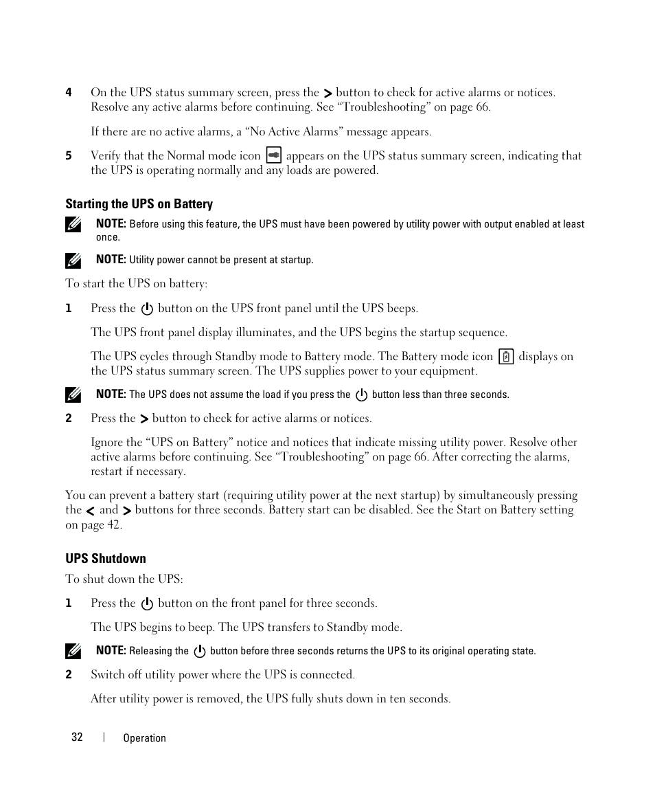 Starting the ups on battery, Ups shutdown | Dell UPS 2700R User Manual | Page 32 / 71