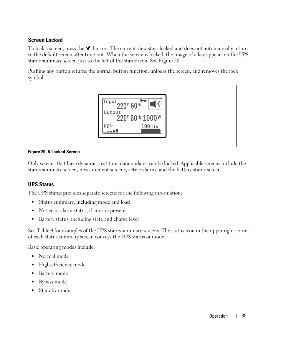 Screen locked, Ups status | Dell UPS 2700R User Manual | Page 35 / 71