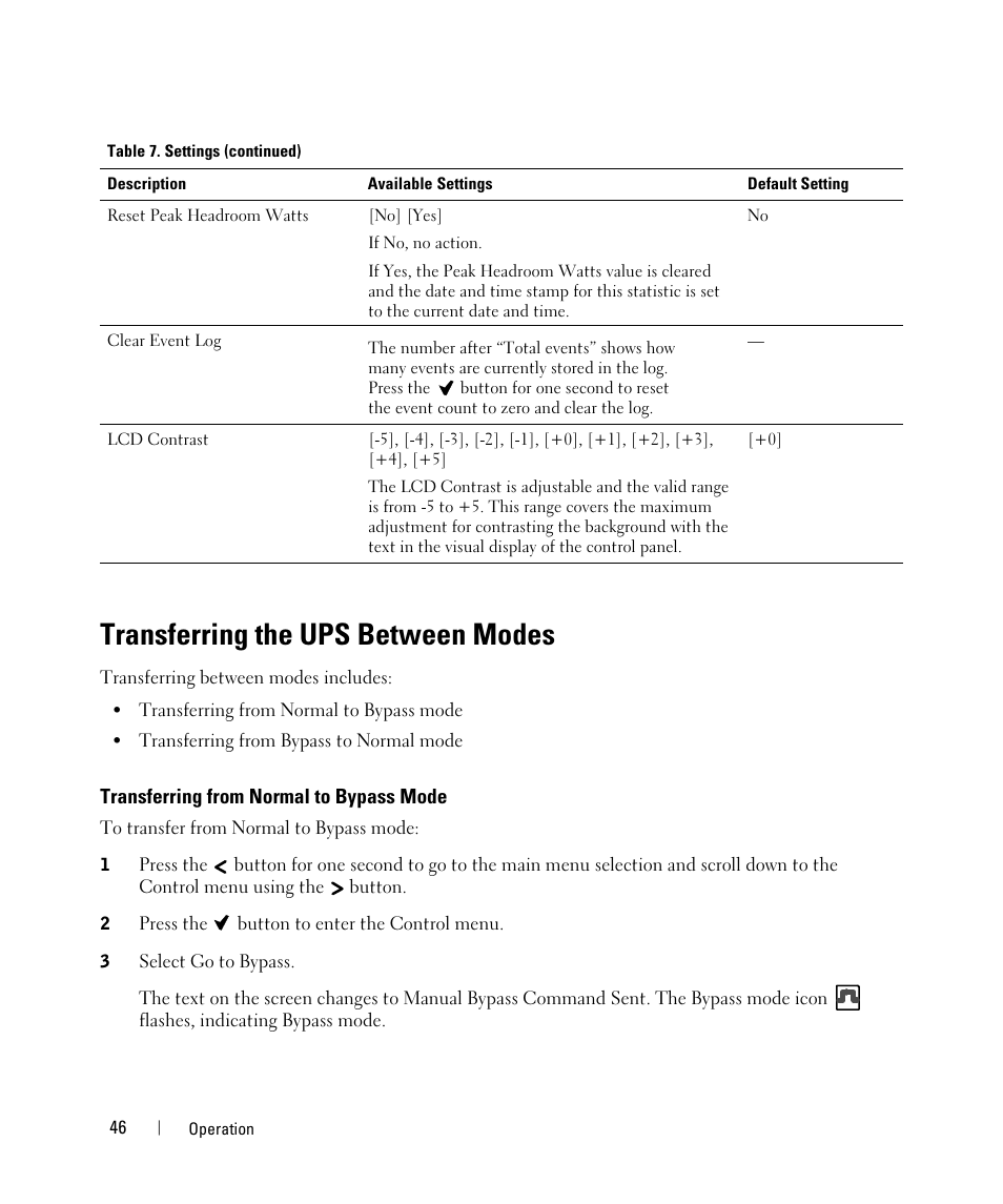 Transferring the ups between modes, Transferring from normal to bypass mode | Dell UPS 2700R User Manual | Page 46 / 71