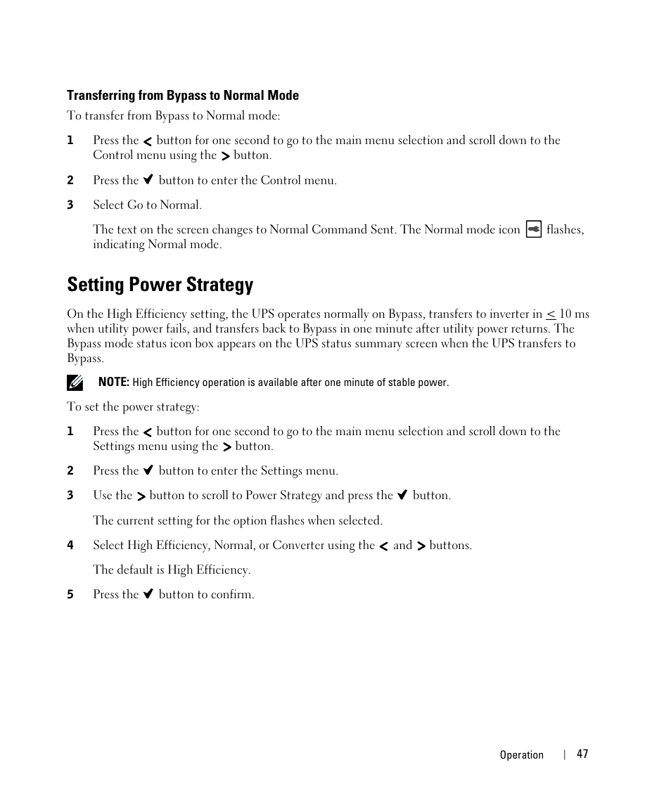 Transferring from bypass to normal mode, Setting power strategy | Dell UPS 2700R User Manual | Page 47 / 71