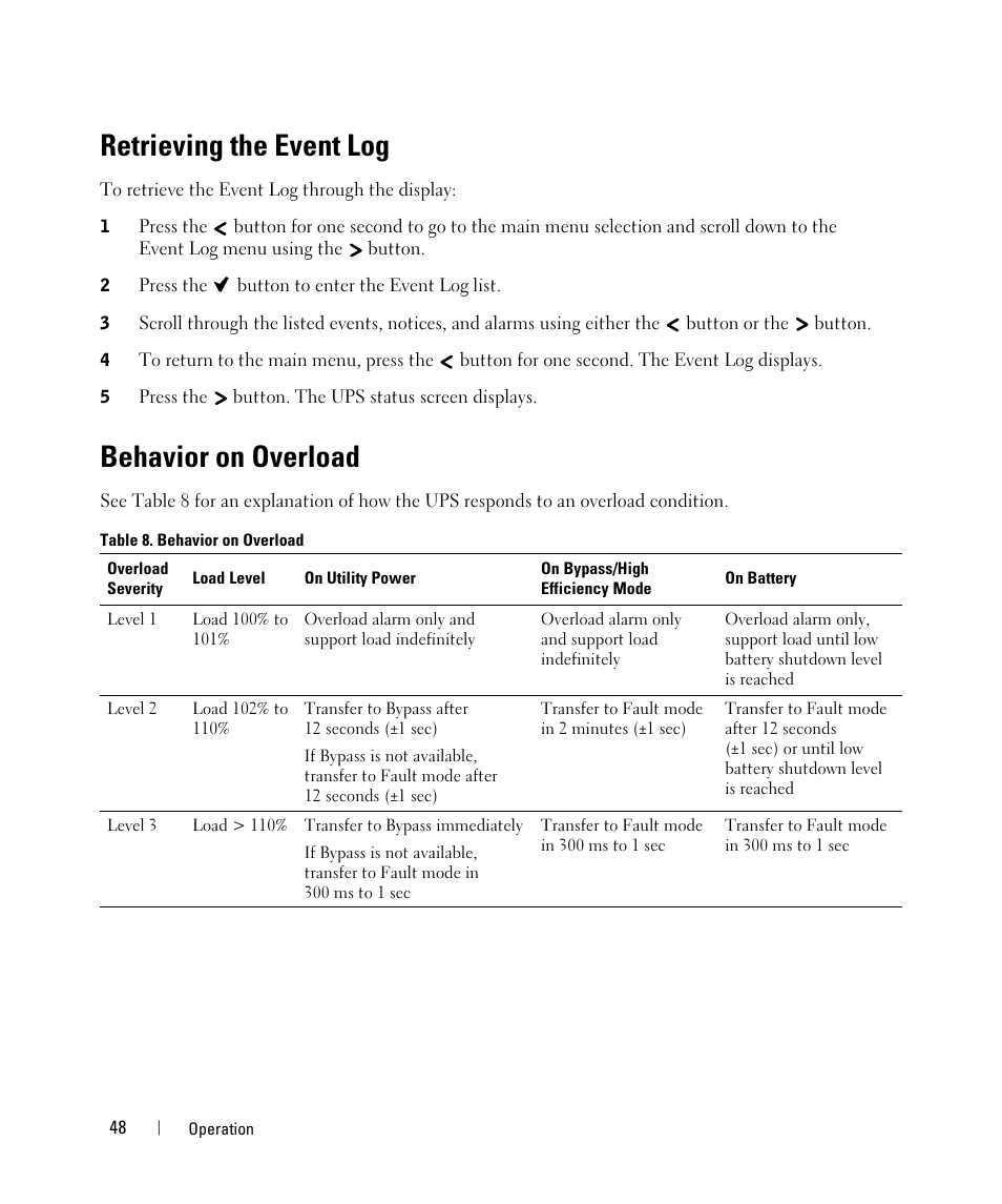 Retrieving the event log, Behavior on overload | Dell UPS 2700R User Manual | Page 48 / 71