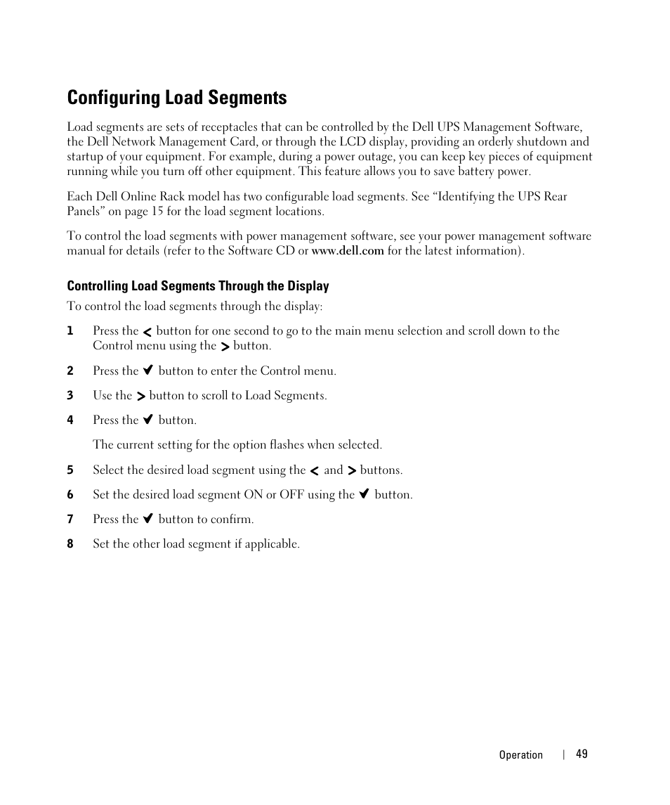 Configuring load segments, Controlling load segments through the display | Dell UPS 2700R User Manual | Page 49 / 71