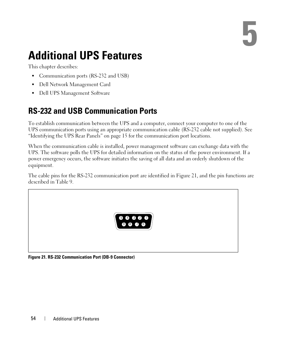 Additional ups features, Rs-232 and usb communication ports | Dell UPS 2700R User Manual | Page 54 / 71