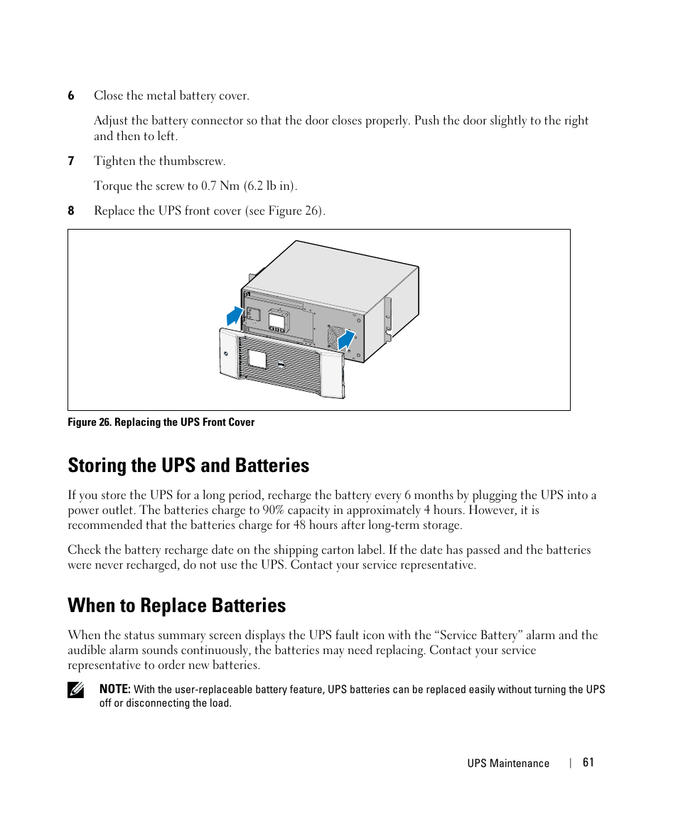 Storing the ups and batteries, When to replace batteries | Dell UPS 2700R User Manual | Page 61 / 71