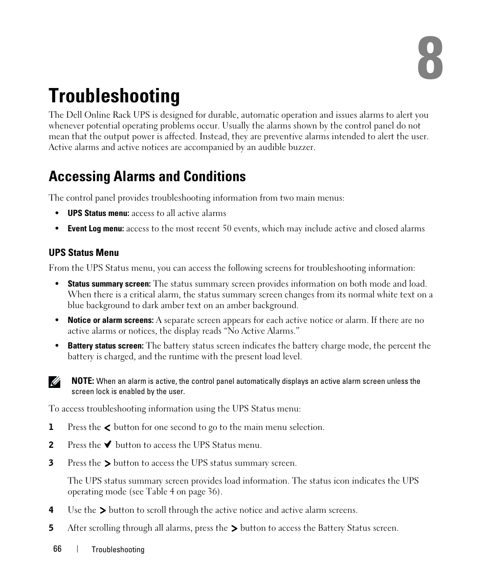 Troubleshooting, Accessing alarms and conditions, Ups status menu | Dell UPS 2700R User Manual | Page 66 / 71