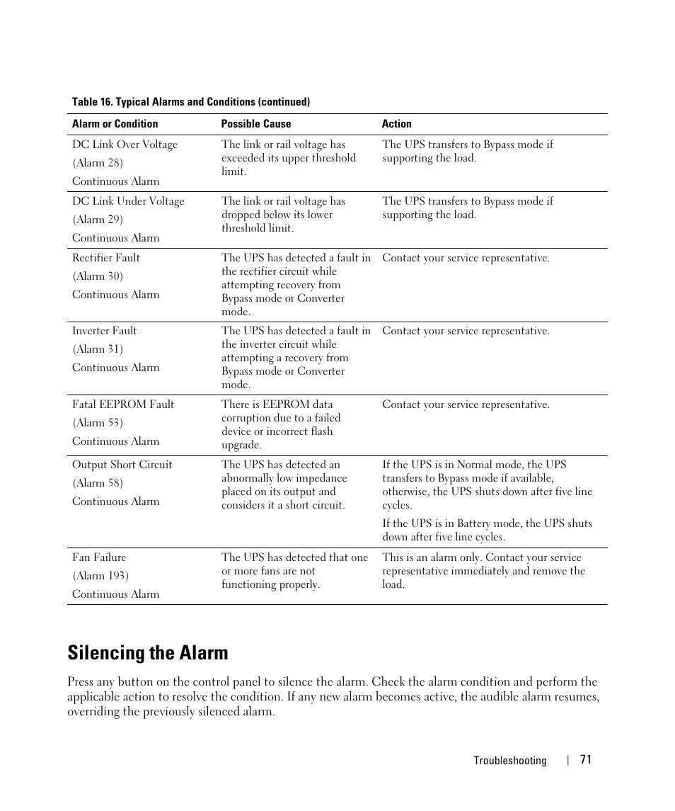 Silencing the alarm | Dell UPS 2700R User Manual | Page 71 / 71