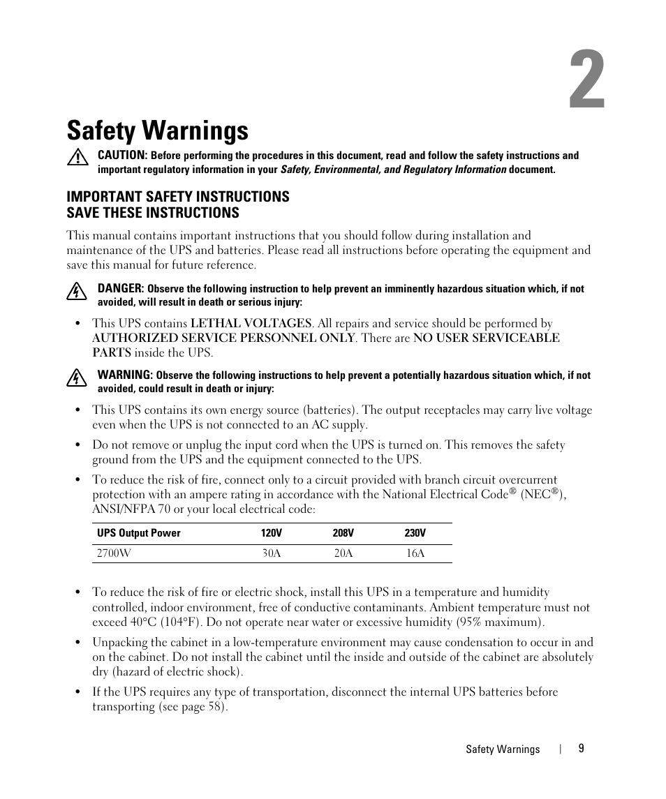 Safety warnings | Dell UPS 2700R User Manual | Page 9 / 71