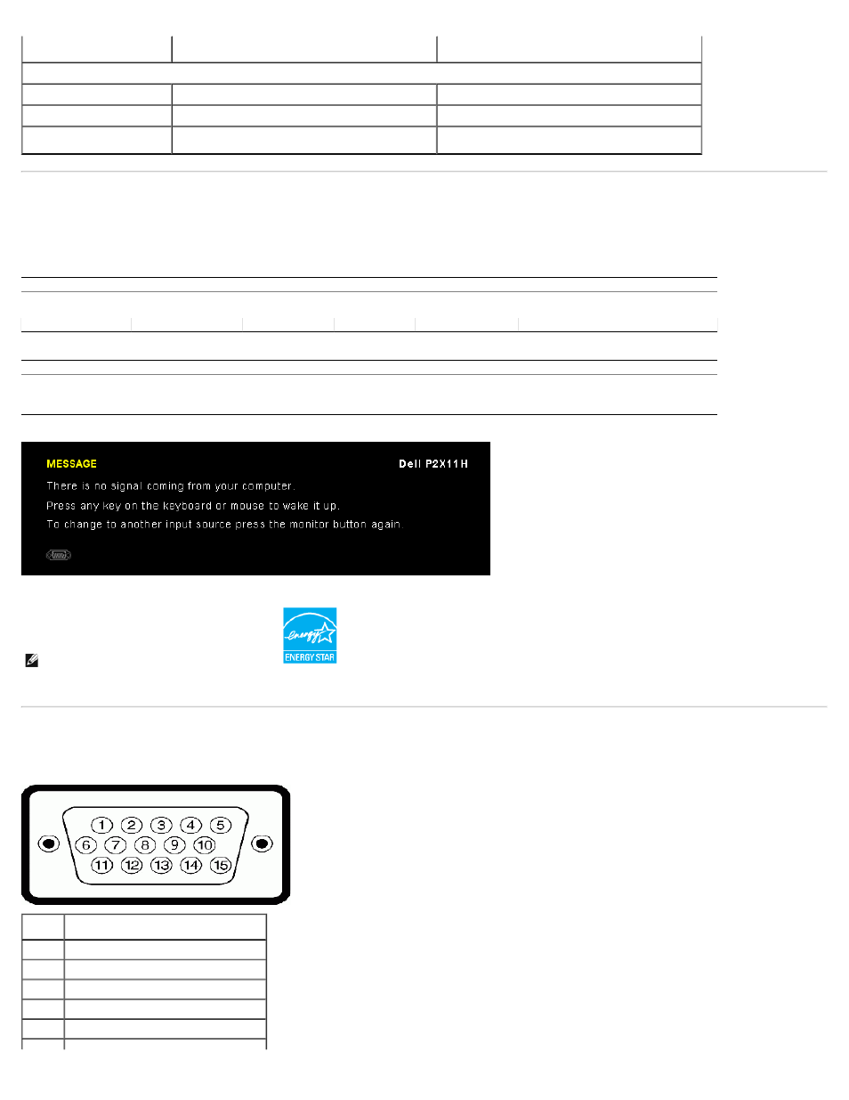 Power management modes, Pin assignments, Vga connector | Dell P2211H Monitor User Manual | Page 8 / 37