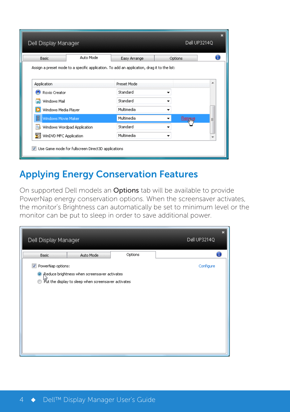 Applying energy conservation features | Dell UP3214Q Monitor User Manual | Page 4 / 6