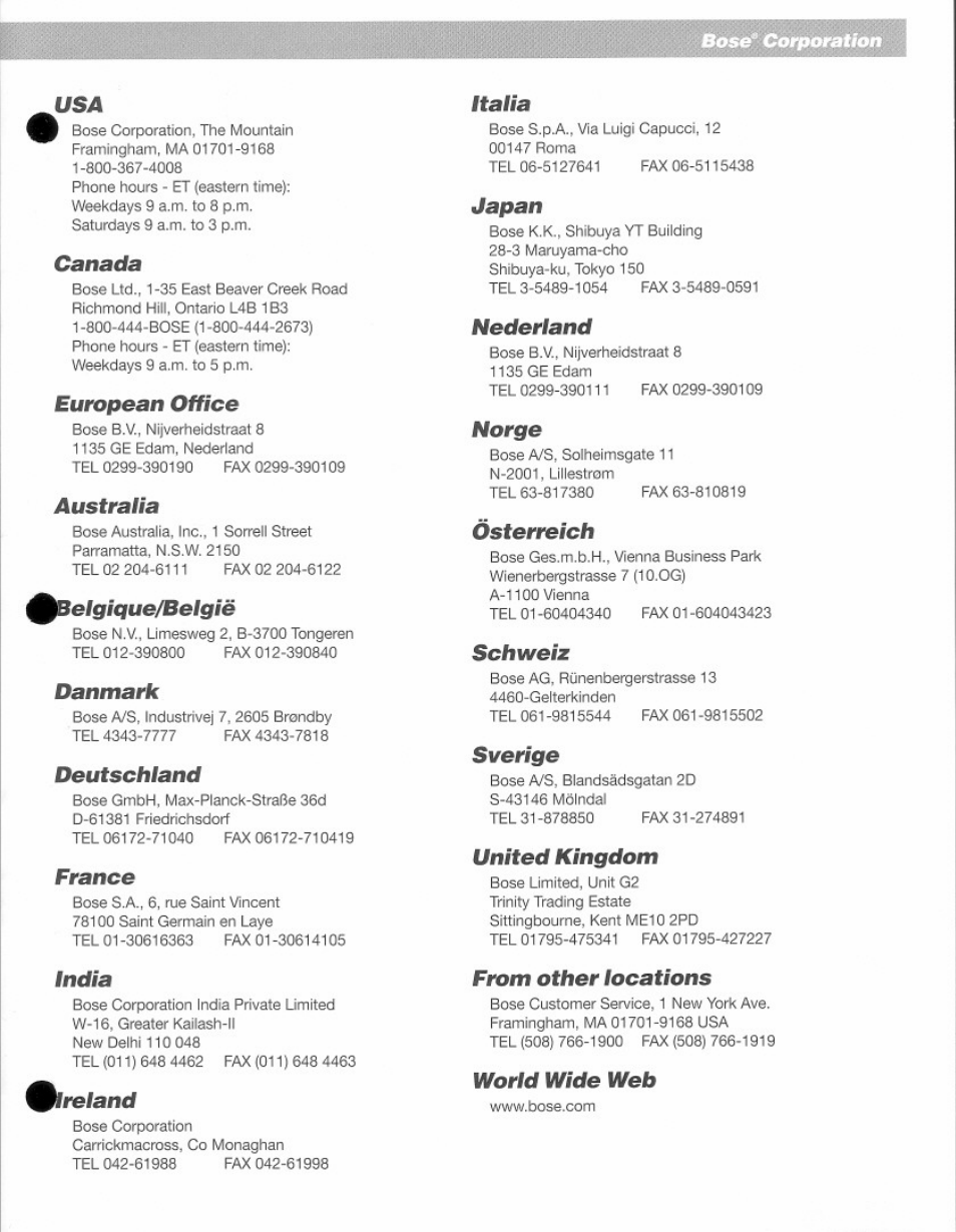 Canada, European office, Australia | SSelgique/belgiö, Danmark, Deutschland, France, India, Ireland, Italia | Bose 401 User Manual | Page 11 / 12