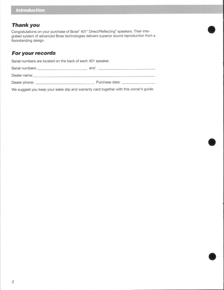 Thank you, For your records | Bose 401 User Manual | Page 2 / 12