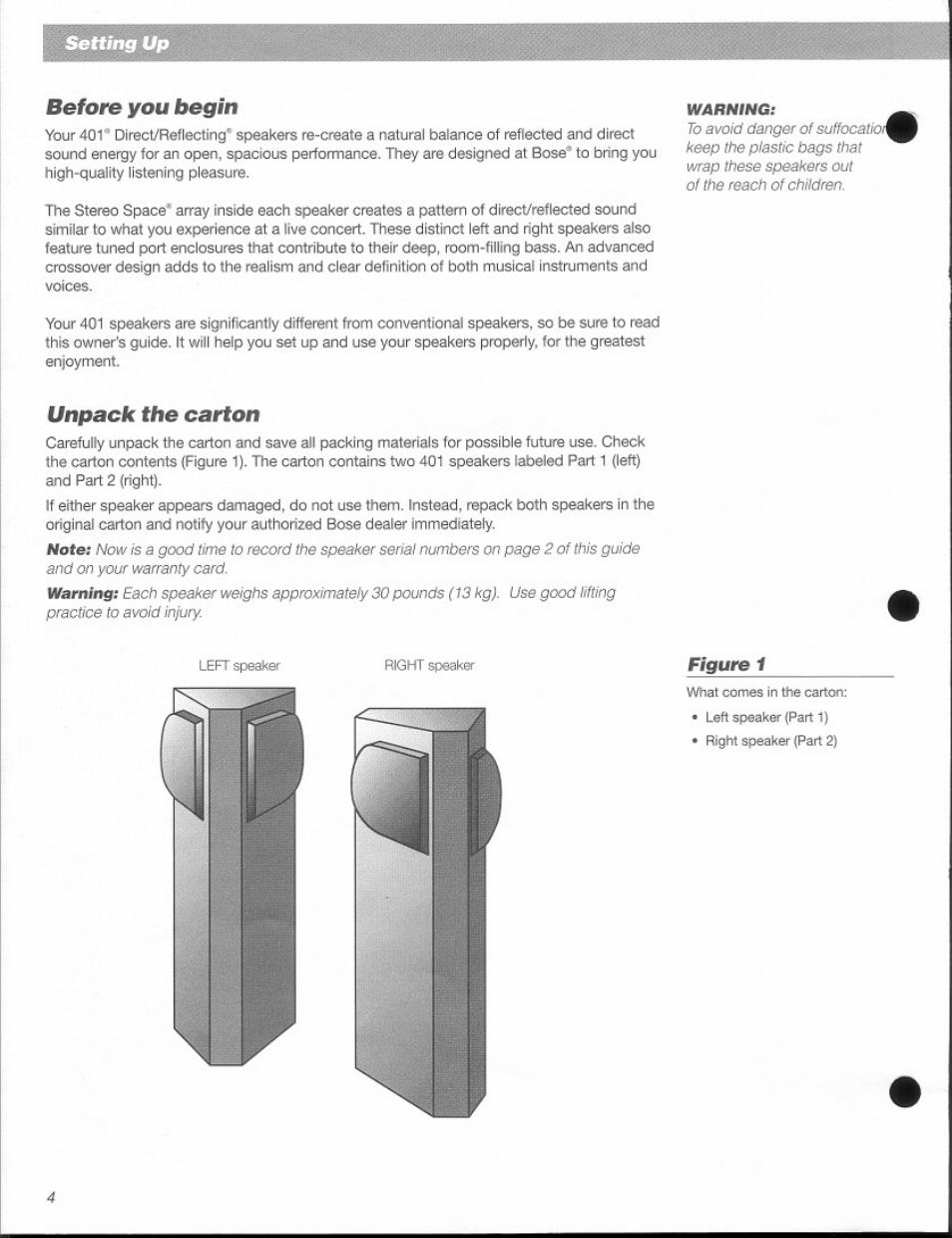 Before you begin, Unpack the carton | Bose 401 User Manual | Page 4 / 12