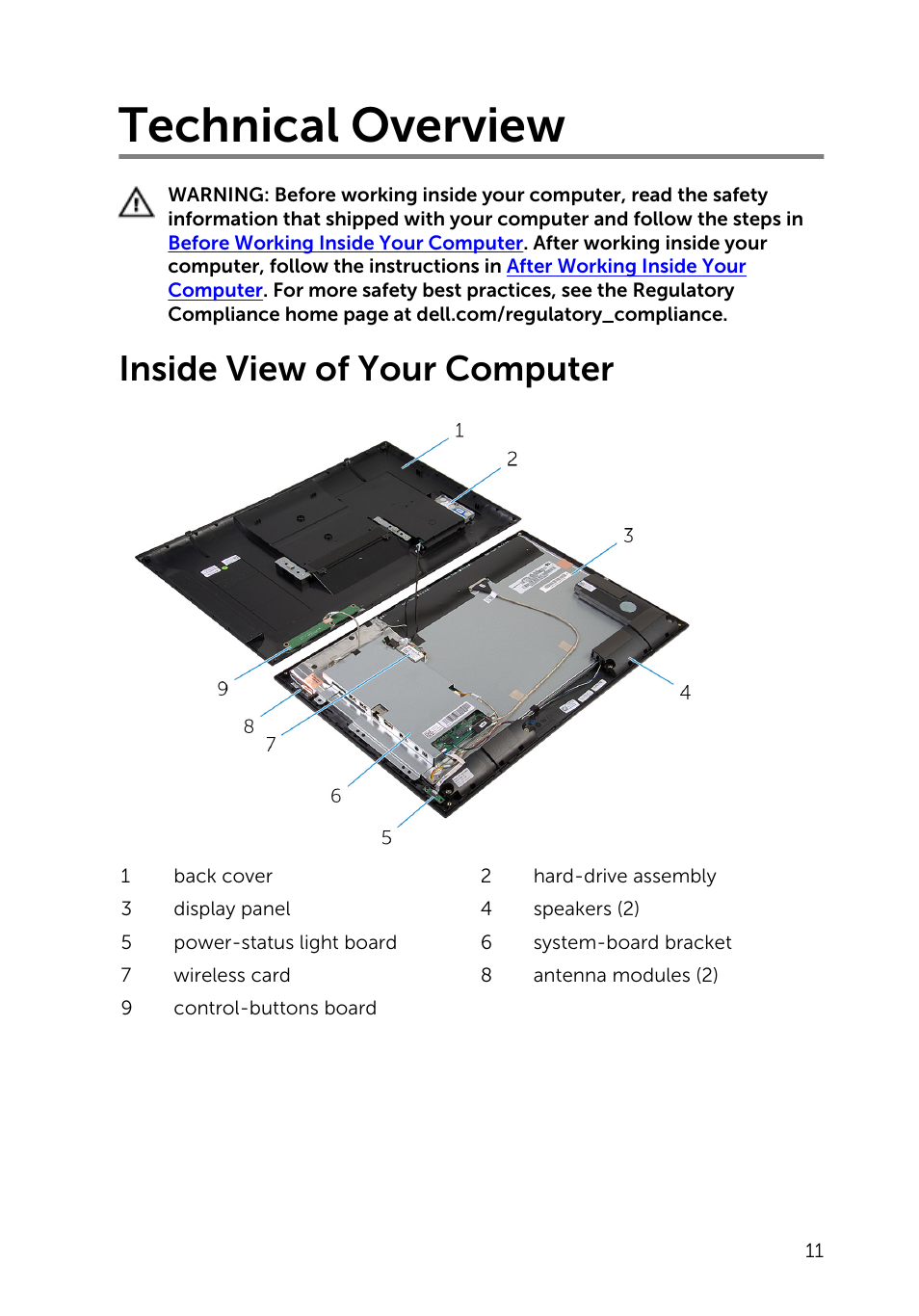 Technical overview, Inside view of your computer | Dell Inspiron 20 (3043, Mid 2014) User Manual | Page 11 / 71