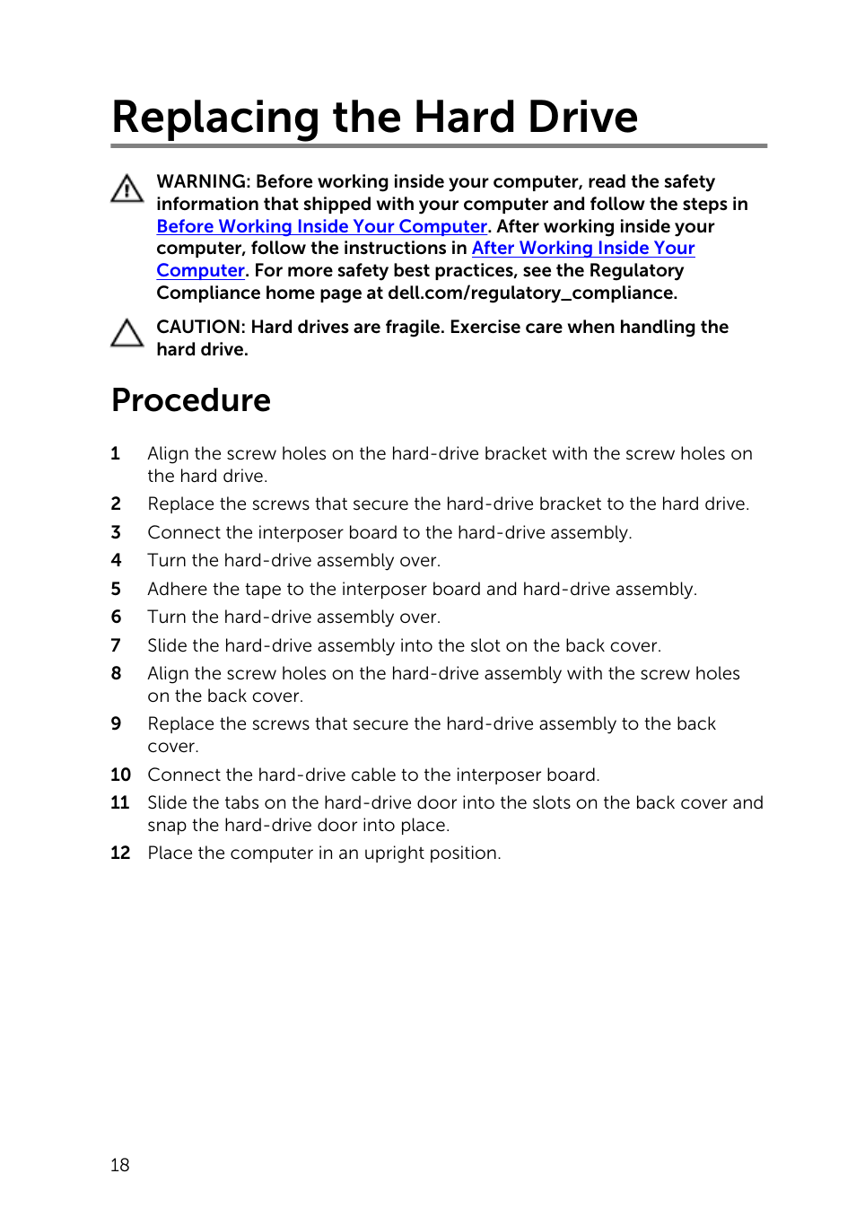 Replacing the hard drive, Procedure | Dell Inspiron 20 (3043, Mid 2014) User Manual | Page 18 / 71