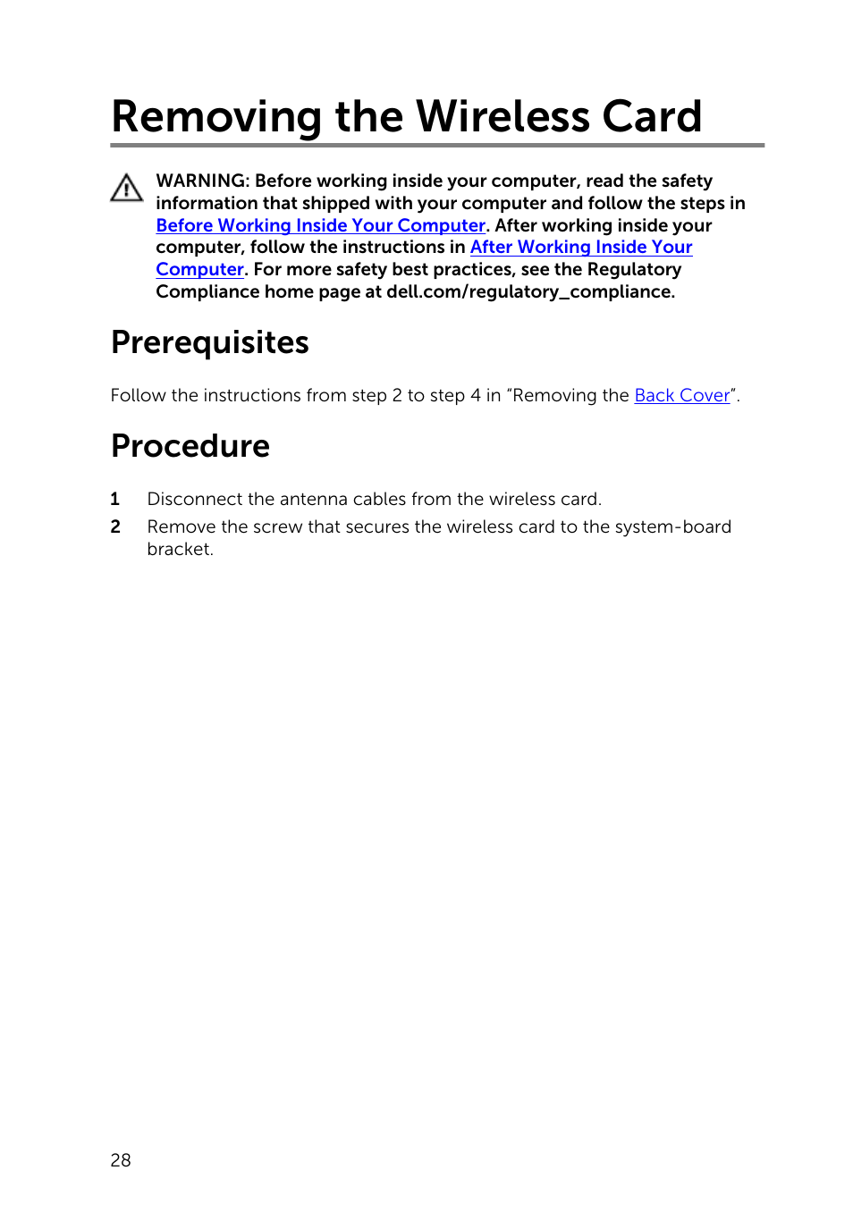 Removing the wireless card, Prerequisites, Procedure | Dell Inspiron 20 (3043, Mid 2014) User Manual | Page 28 / 71