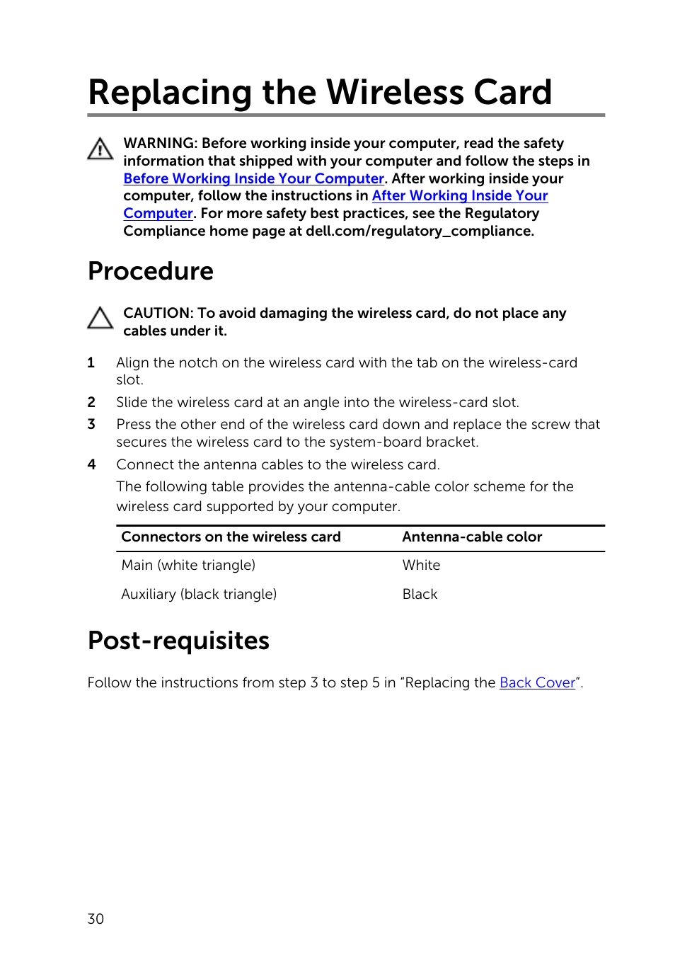 Replacing the wireless card, Procedure, Post-requisites | Dell Inspiron 20 (3043, Mid 2014) User Manual | Page 30 / 71