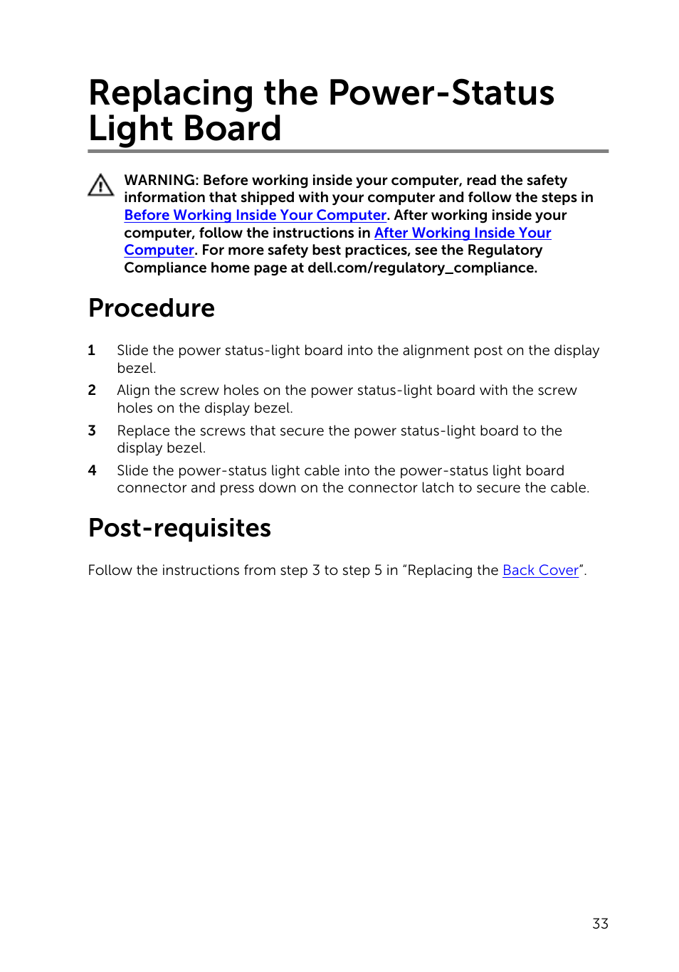 Replacing the power-status light board, Procedure, Post-requisites | Dell Inspiron 20 (3043, Mid 2014) User Manual | Page 33 / 71