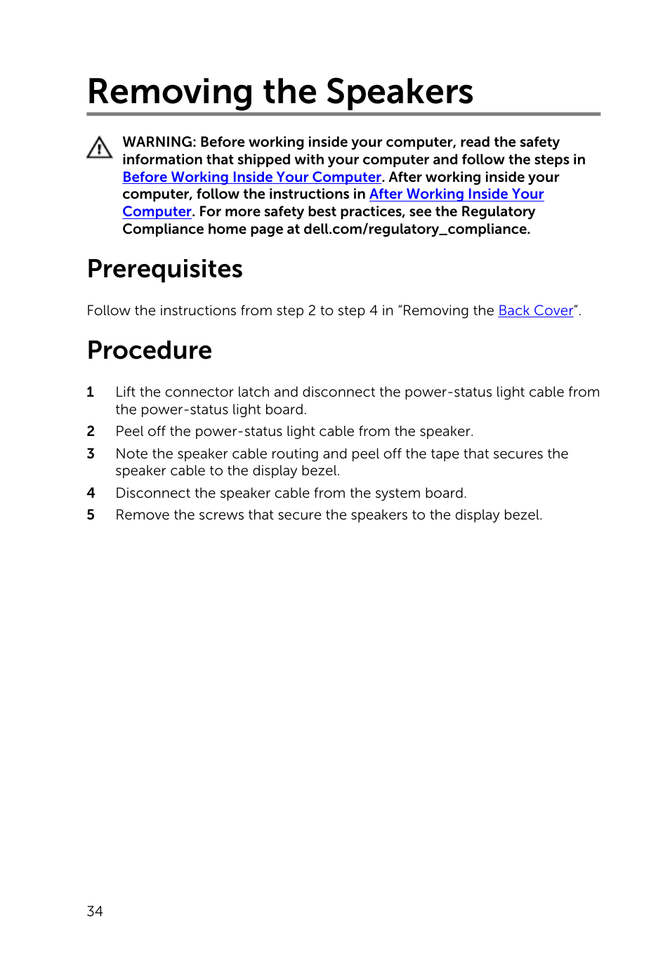 Removing the speakers, Prerequisites, Procedure | Dell Inspiron 20 (3043, Mid 2014) User Manual | Page 34 / 71