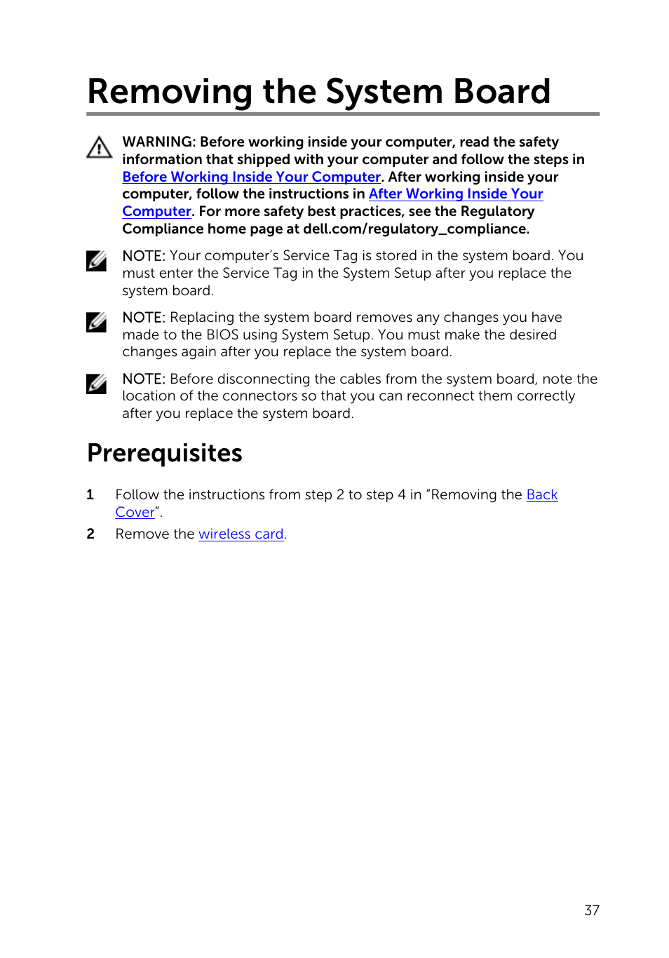 Removing the system board, Prerequisites | Dell Inspiron 20 (3043, Mid 2014) User Manual | Page 37 / 71