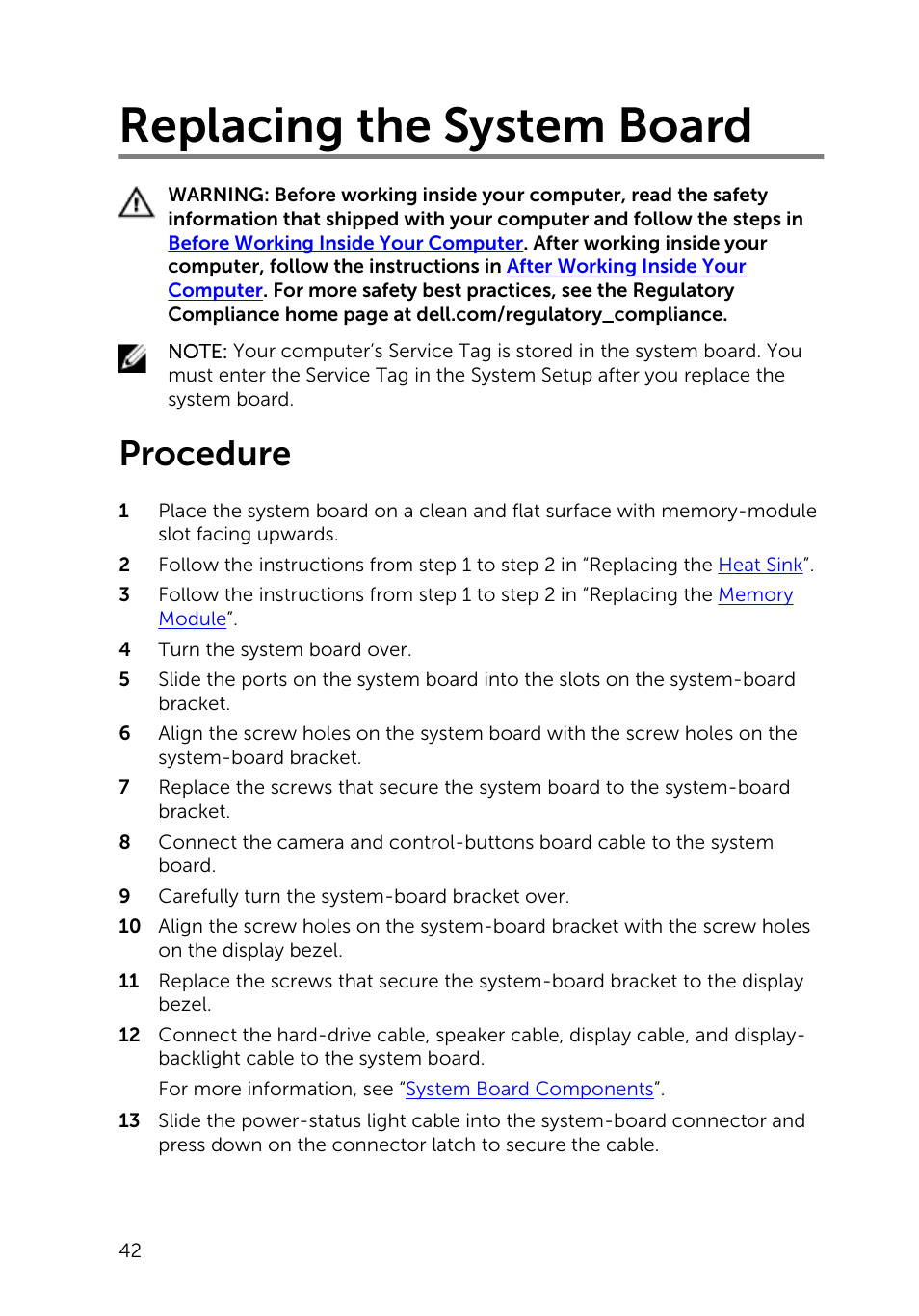 Replacing the system board, Procedure | Dell Inspiron 20 (3043, Mid 2014) User Manual | Page 42 / 71