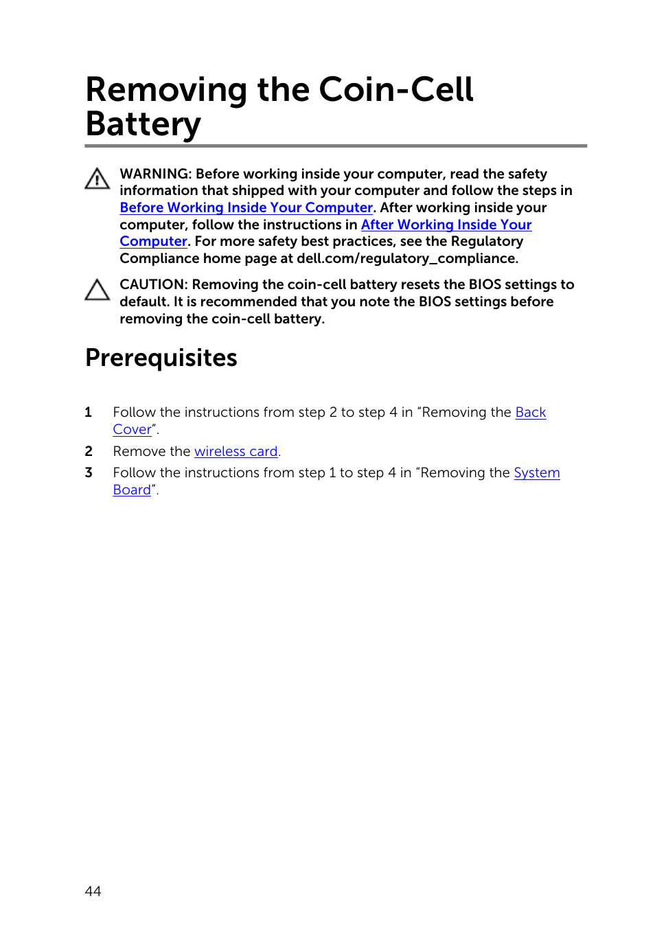 Removing the coin-cell battery, Prerequisites | Dell Inspiron 20 (3043, Mid 2014) User Manual | Page 44 / 71