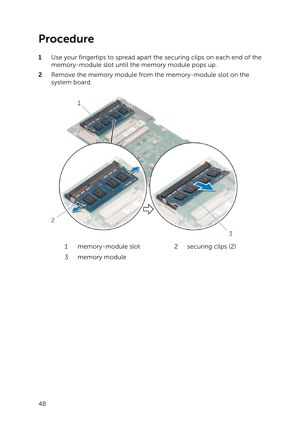 Procedure, Memory, Module | Dell Inspiron 20 (3043, Mid 2014) User Manual | Page 48 / 71