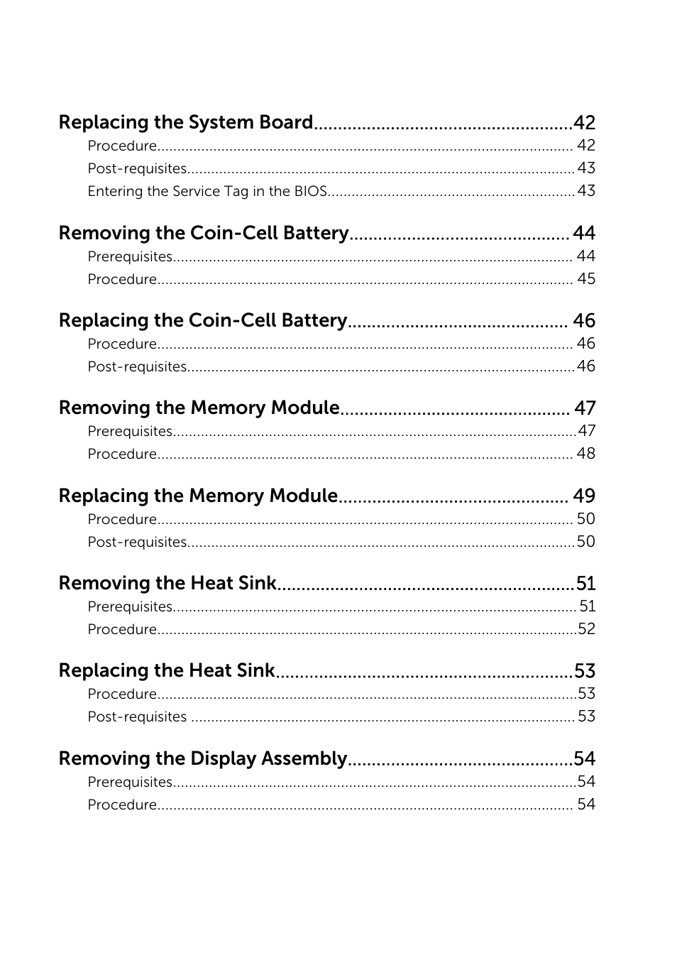 Replacing the system board, Removing the coin-cell battery, Replacing the coin-cell battery | Removing the heat sink, Replacing the heat sink, Removing the display assembly | Dell Inspiron 20 (3043, Mid 2014) User Manual | Page 5 / 71