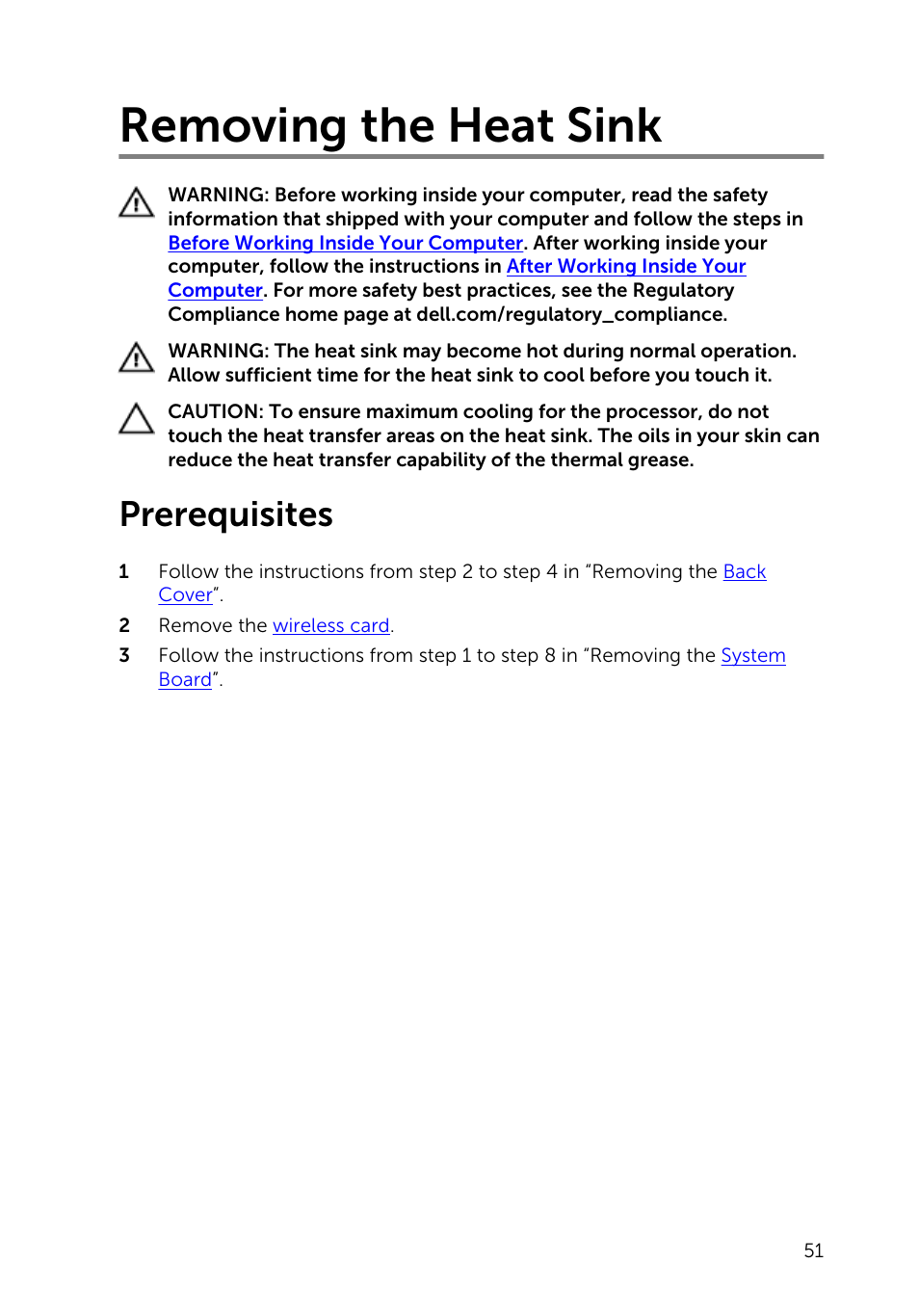 Removing the heat sink, Prerequisites | Dell Inspiron 20 (3043, Mid 2014) User Manual | Page 51 / 71