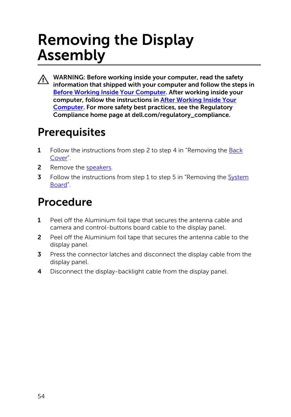 Removing the display assembly, Prerequisites, Procedure | Dell Inspiron 20 (3043, Mid 2014) User Manual | Page 54 / 71