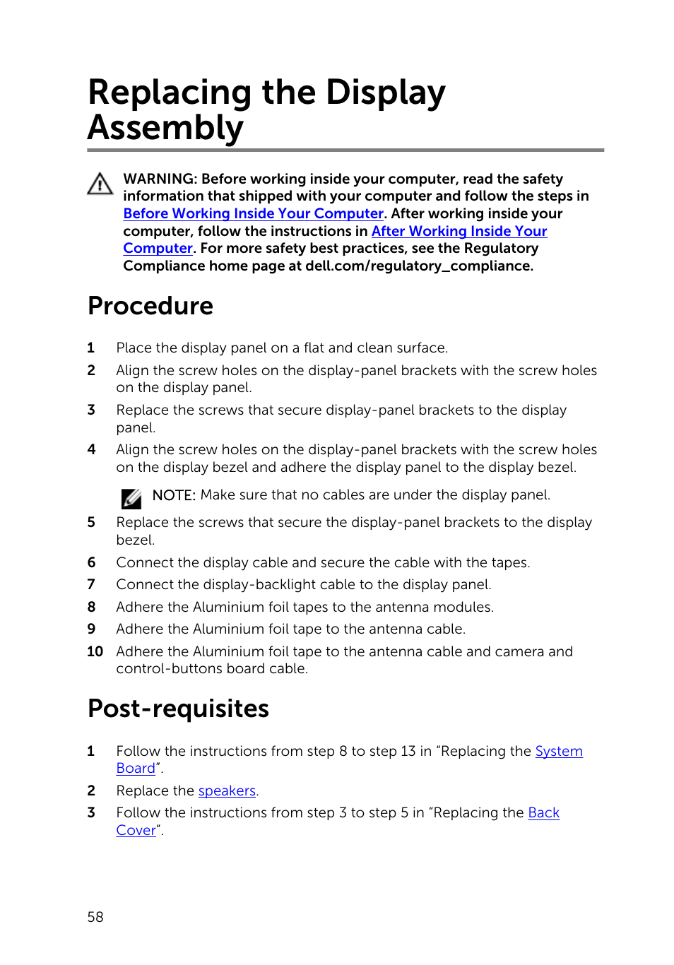 Replacing the display assembly, Procedure, Post-requisites | Dell Inspiron 20 (3043, Mid 2014) User Manual | Page 58 / 71