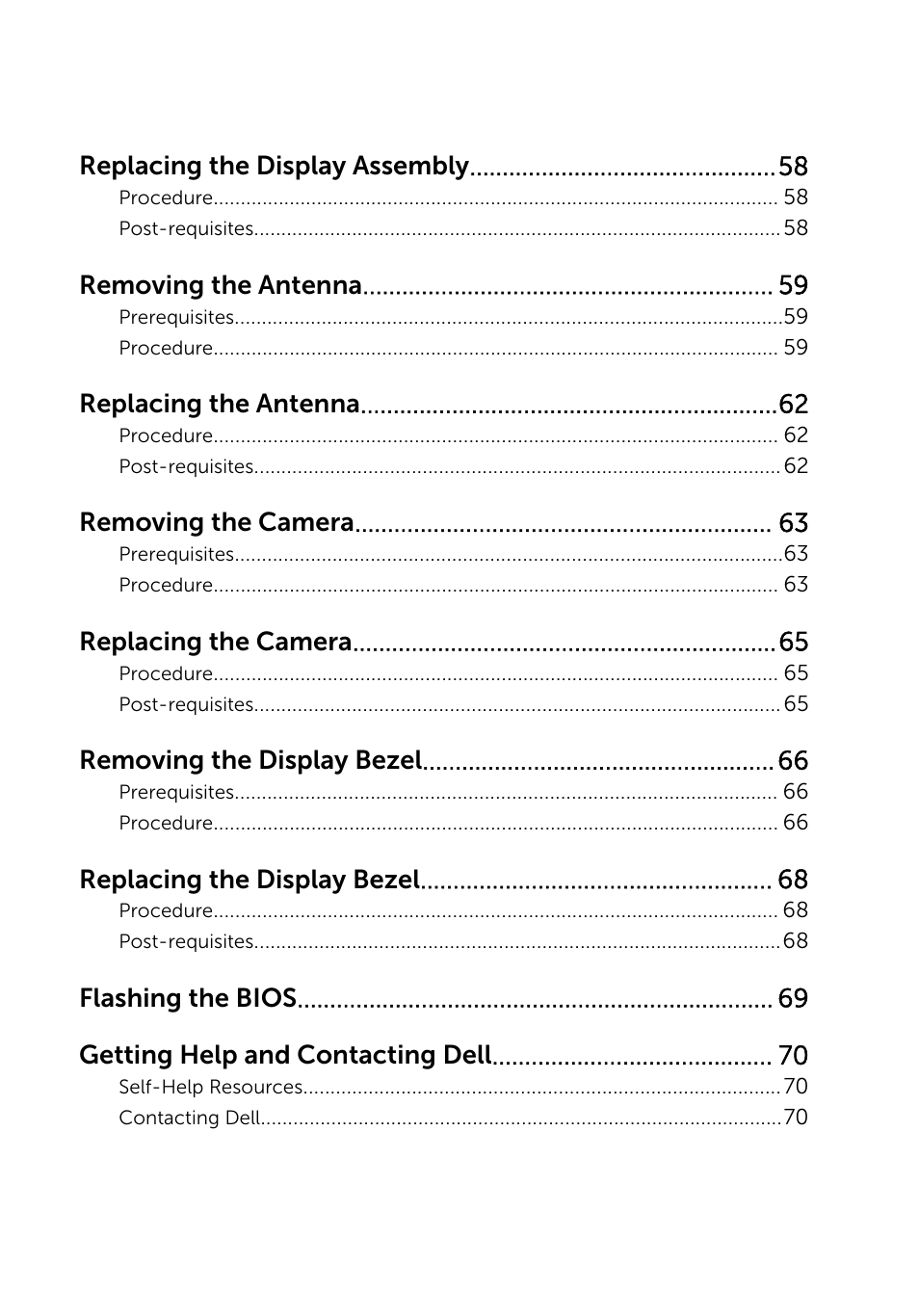 Replacing the display assembly, Removing the antenna, Replacing the antenna | Removing the camera, Replacing the camera, Removing the display bezel, Replacing the display bezel, Flashing the bios getting help and contacting dell | Dell Inspiron 20 (3043, Mid 2014) User Manual | Page 6 / 71