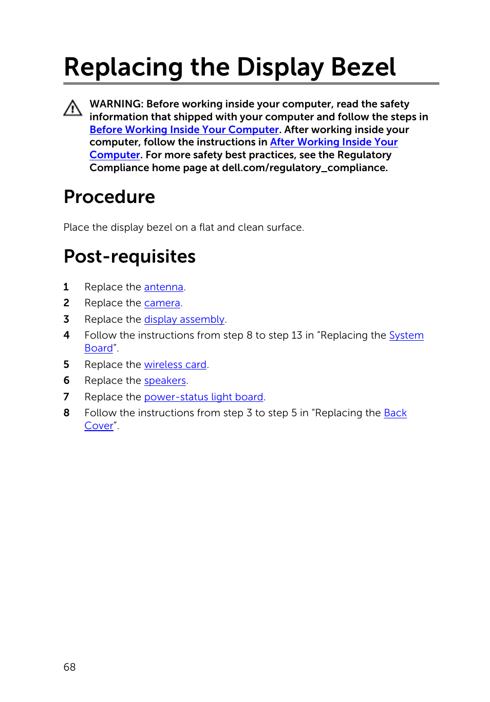 Replacing the display bezel, Procedure, Post-requisites | Dell Inspiron 20 (3043, Mid 2014) User Manual | Page 68 / 71