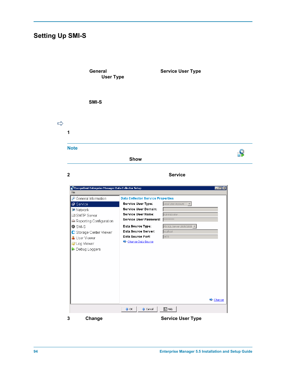 Setting up smi-s, To select the data collector service user type, Setting up smi-s on | Dell Compellent Series 30 User Manual | Page 102 / 116