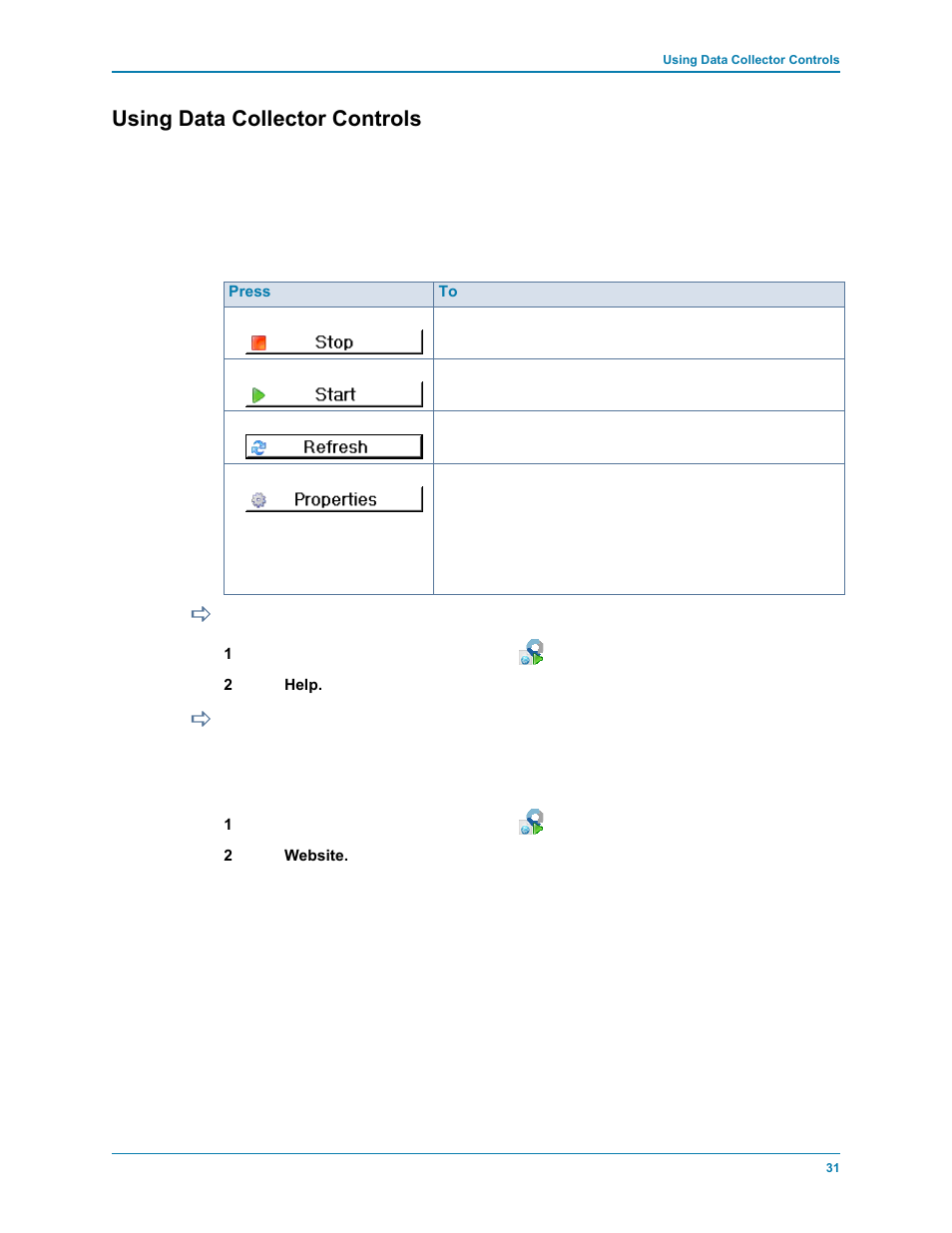 Using data collector controls, To get help, To go to the data collector website | Dell Compellent Series 30 User Manual | Page 39 / 116