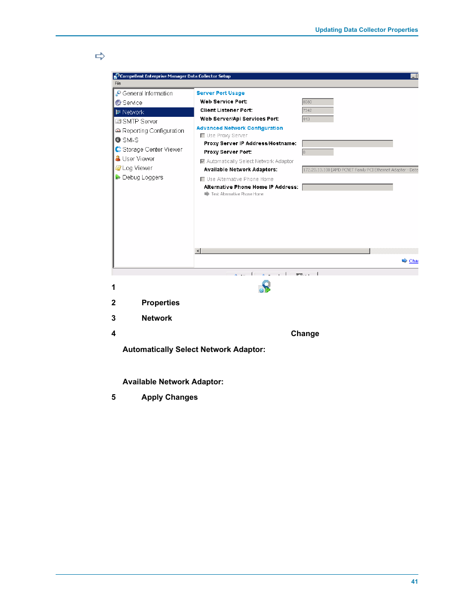 To change the data collector network adaptor | Dell Compellent Series 30 User Manual | Page 49 / 116